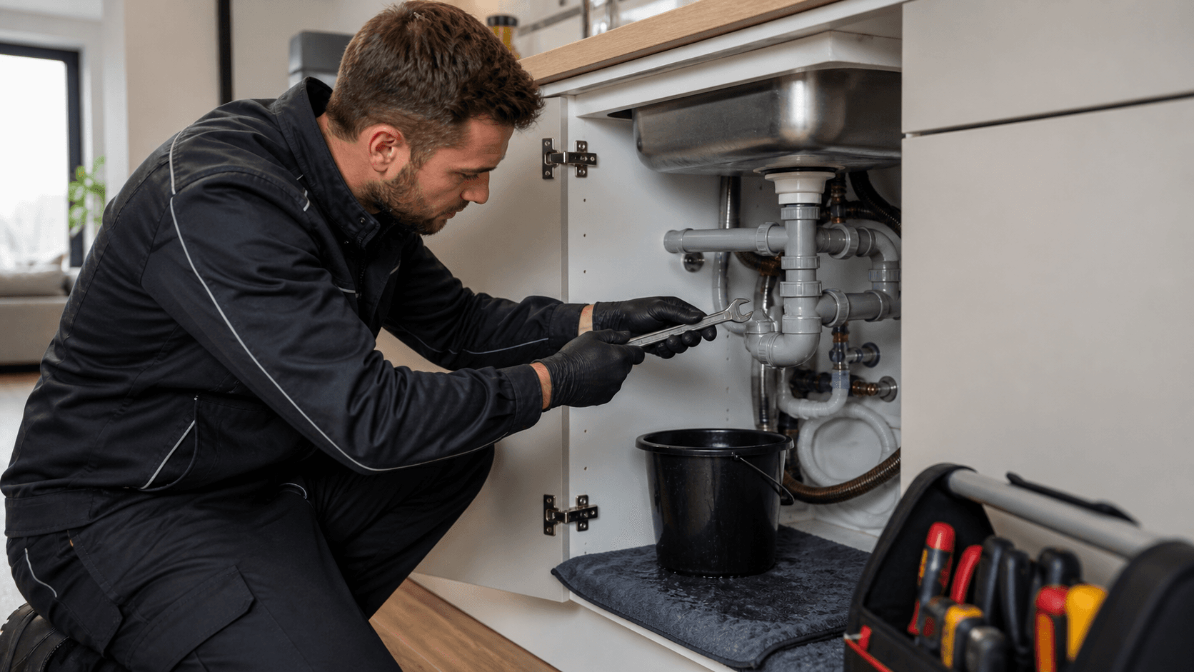 Loodgieter monteert een nieuwe kraan en controleert sanitairaansluitingen